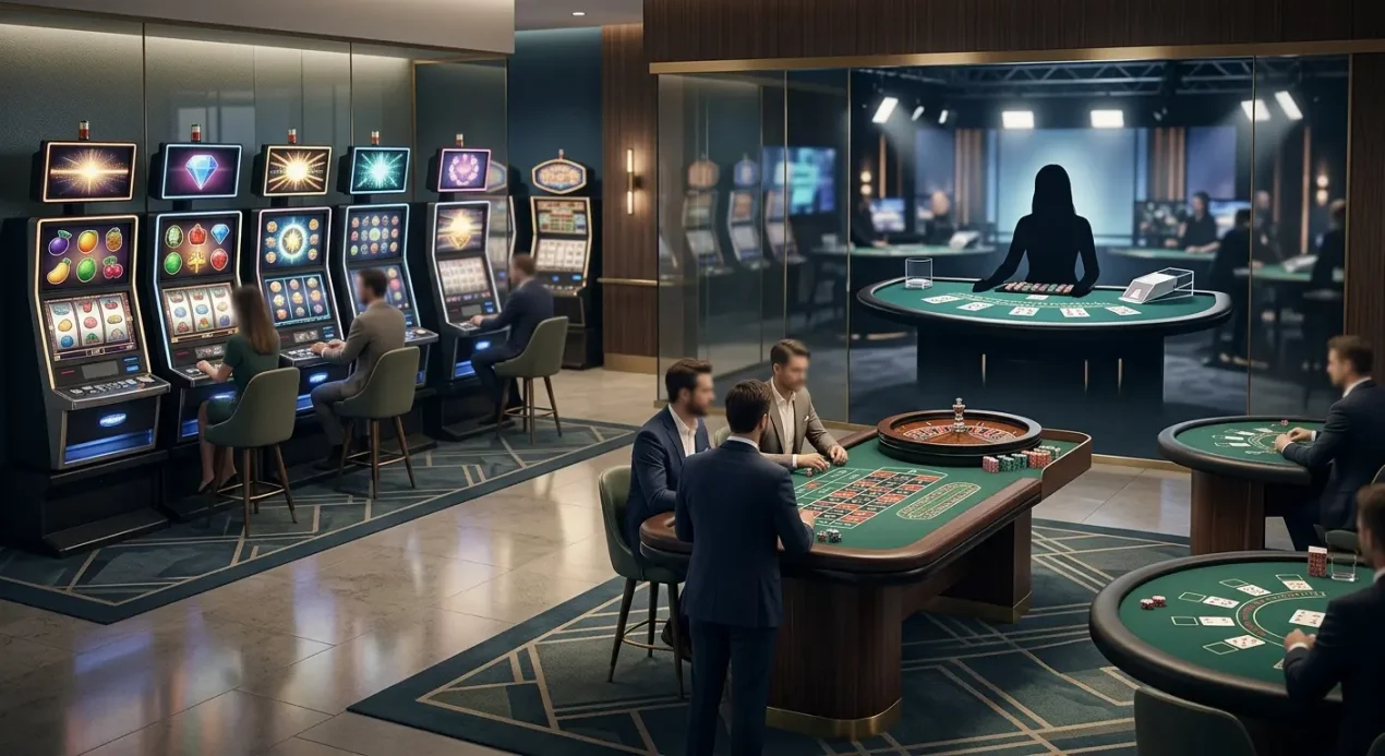 Editorial illustration of slots, table games and live casino categories