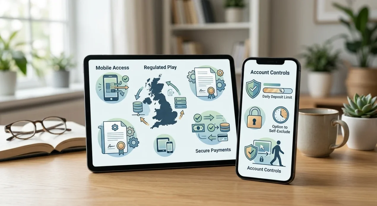Editorial illustration connecting casino licensing, mobile access, payments and games