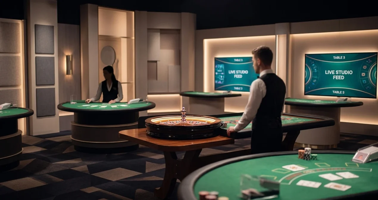Editorial illustration of a live casino studio with roulette and blackjack tables