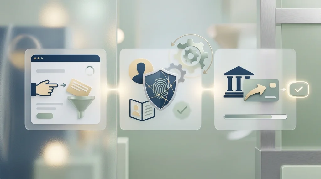 Editorial illustration of a withdrawal request moving through verification to payout