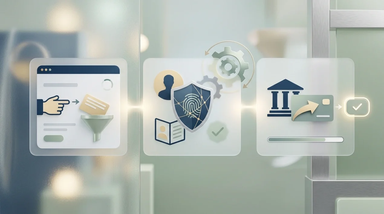 Editorial illustration of a withdrawal request moving through verification to payout